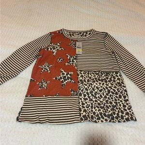 Patchwork Long Sleeve Top - Rust, Black & Cream